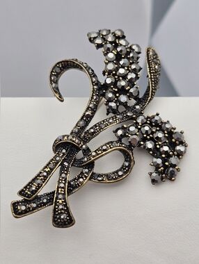 Marcasite Floral Bouquet Brooch Gold Tone Bow Art Deco Style 2.5" Vintage